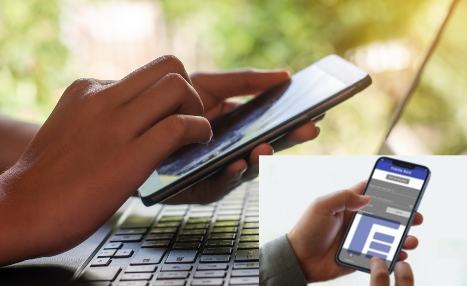 Fidelity Bank Customer Using Online Banking with laptop and mobile app